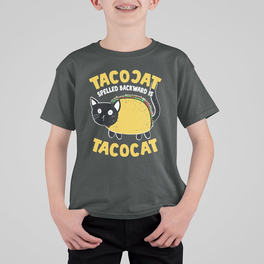 Funny Cat Cinco De Mayo T Shirt For Kid Tacocat Spelled Backward Is Tacocat Tacos Cats Lovers TS02 Dark Heather Printyourwear