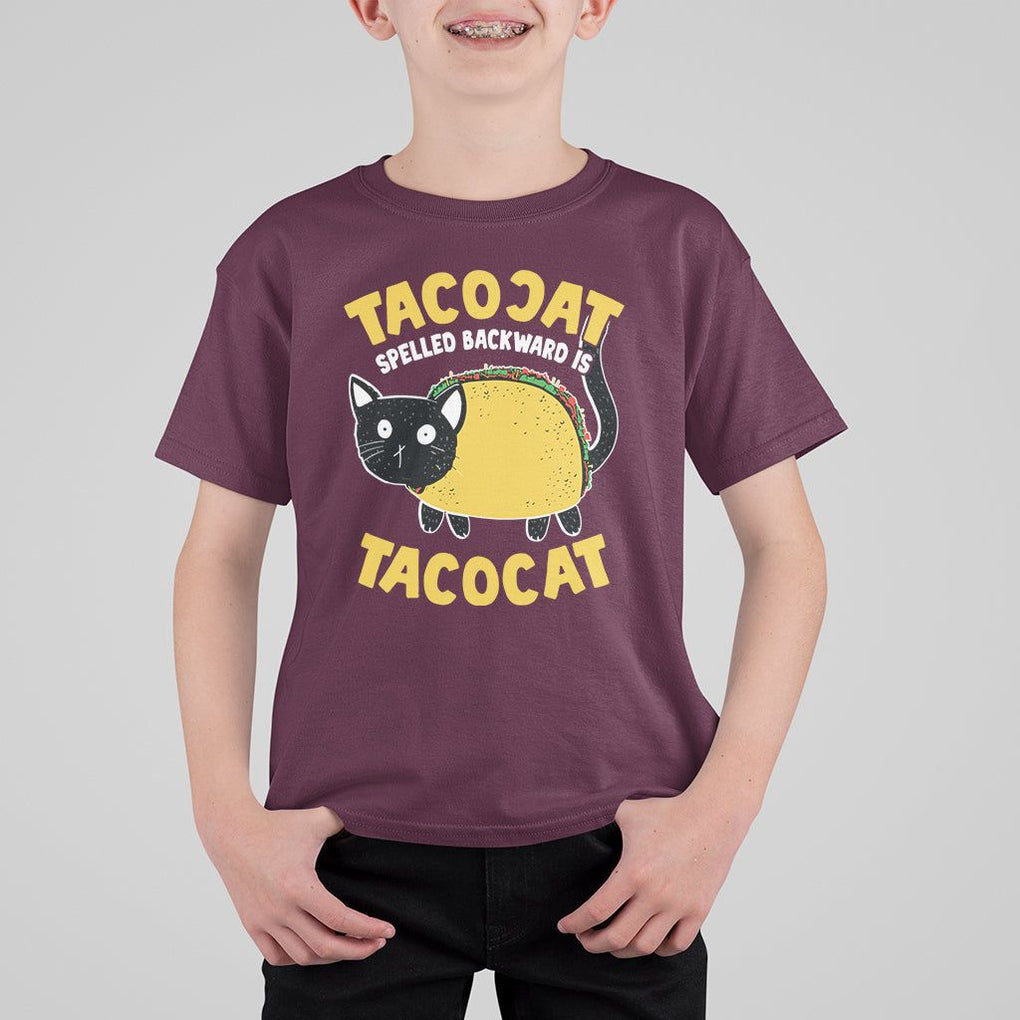 Funny Cat Cinco De Mayo T Shirt For Kid Tacocat Spelled Backward Is Tacocat Tacos Cats Lovers TS02 Maroon Printyourwear