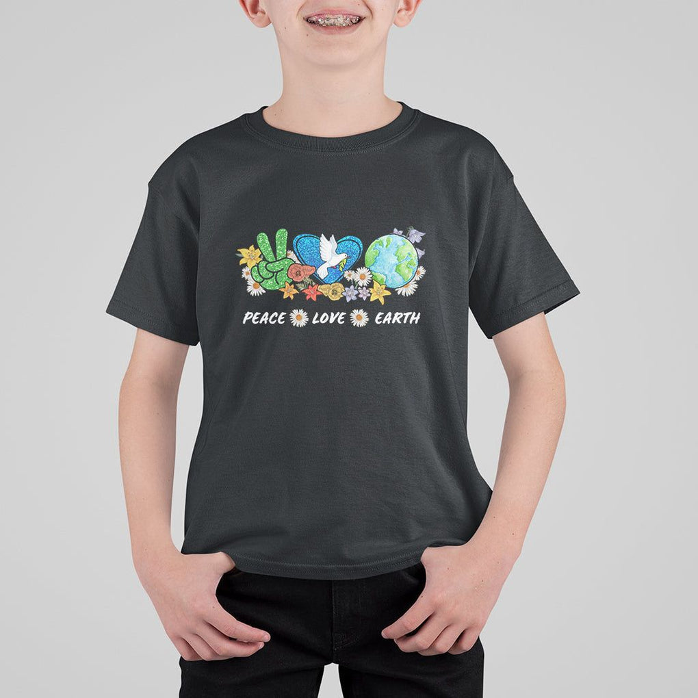 Peace Love Earth T Shirt For Kid Floral Green Planet Dove TS02 Black Printyourwear