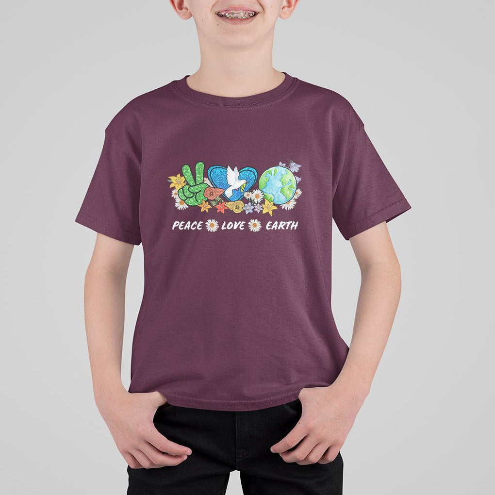 Peace Love Earth T Shirt For Kid Floral Green Planet Dove TS02 Maroon Printyourwear