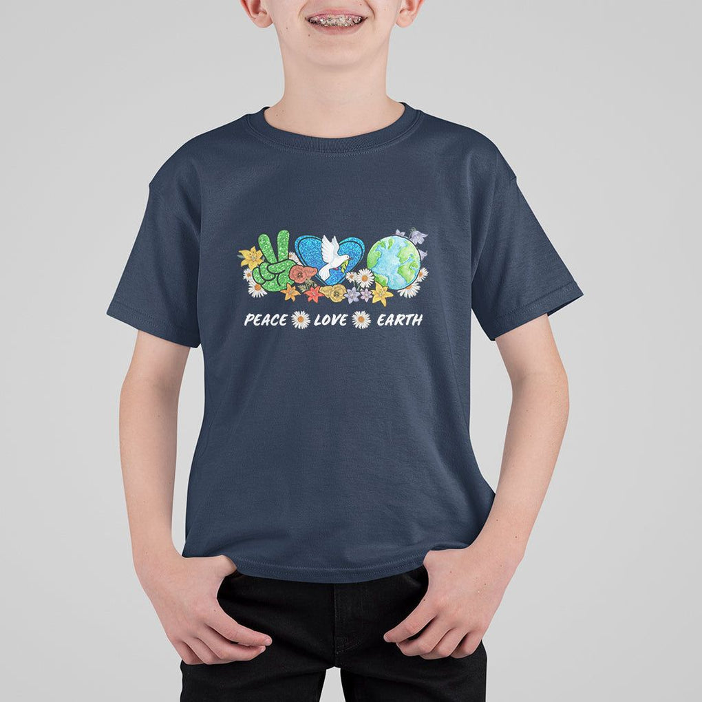 Peace Love Earth T Shirt For Kid Floral Green Planet Dove TS02 Navy Printyourwear