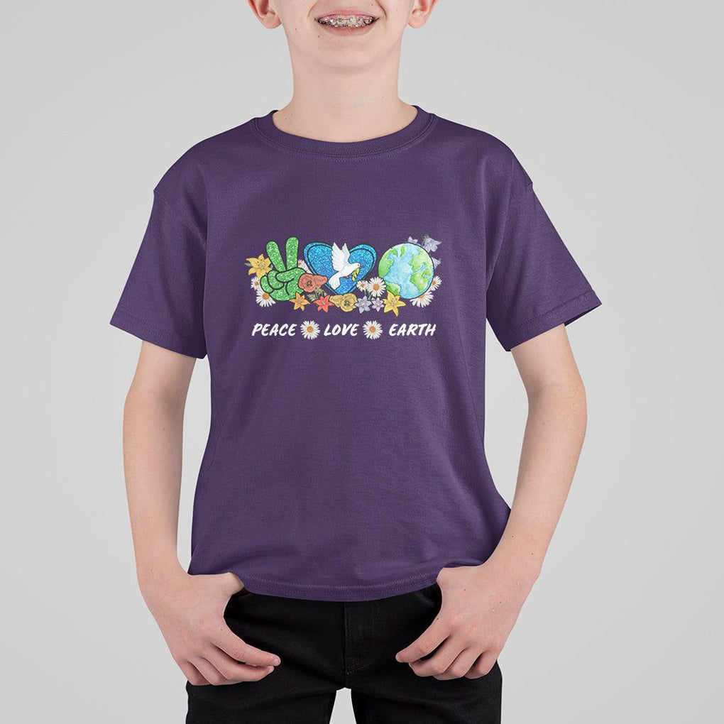 Peace Love Earth T Shirt For Kid Floral Green Planet Dove TS02 Purple Printyourwear