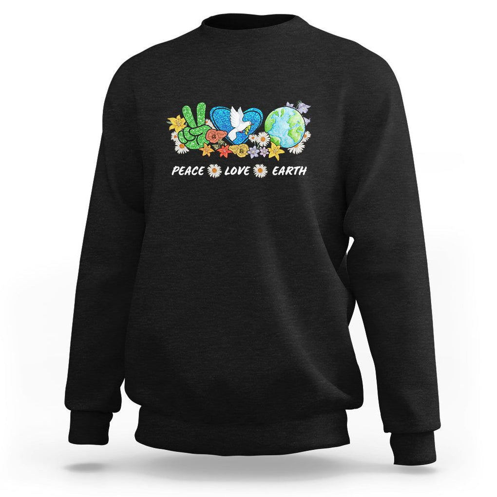 Peace Love Earth Sweatshirt Floral Green Planet Dove TS02 Black Printyourwear