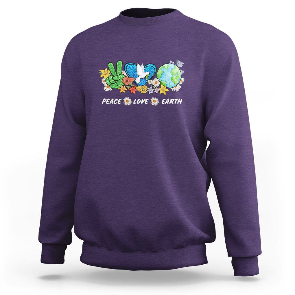 Peace Love Earth Sweatshirt Floral Green Planet Dove TS02 Purple Printyourwear