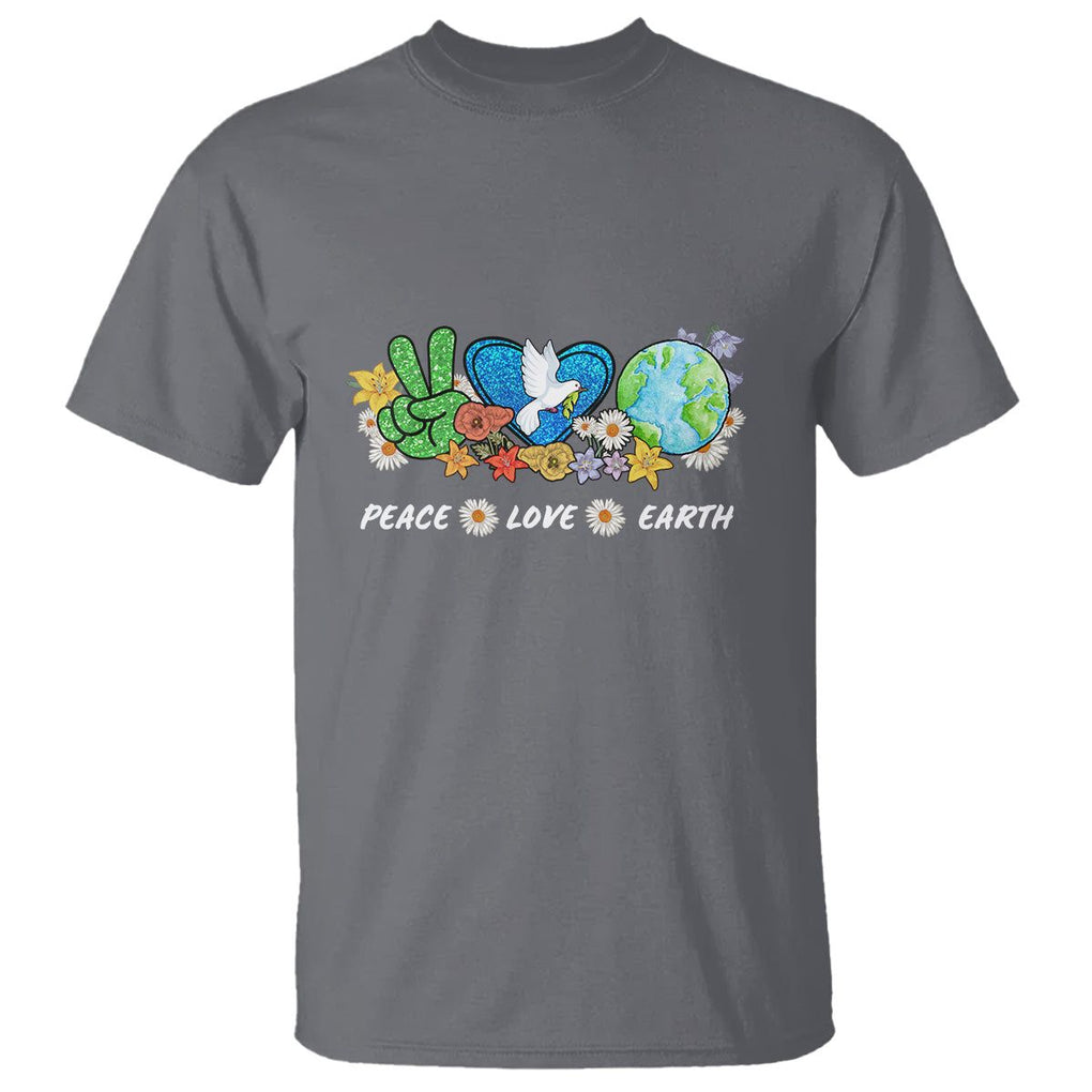 Peace Love Earth T Shirt Floral Green Planet Dove TS02 Charcoal Printyourwear