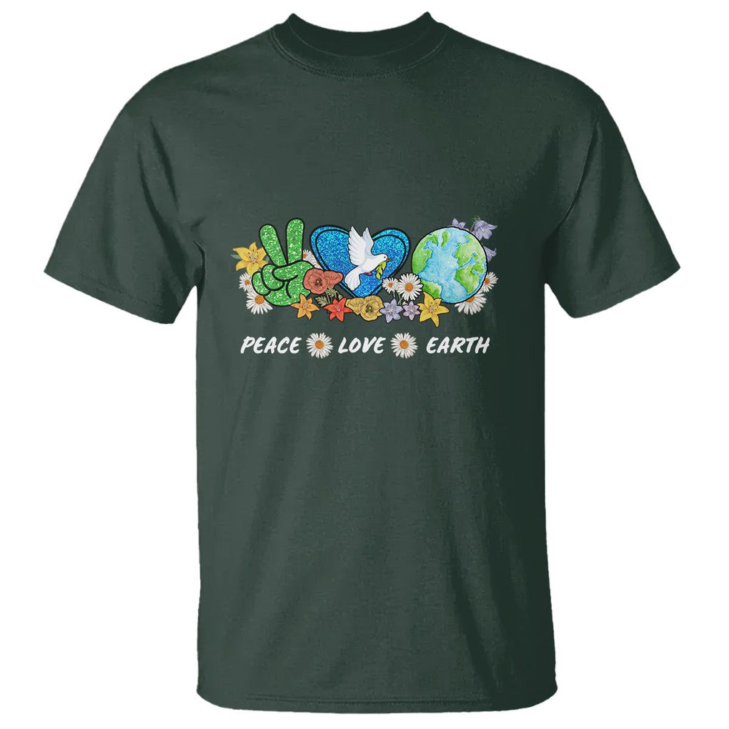 Peace Love Earth T Shirt Floral Green Planet Dove TS02 Dark Forest Green Printyourwear