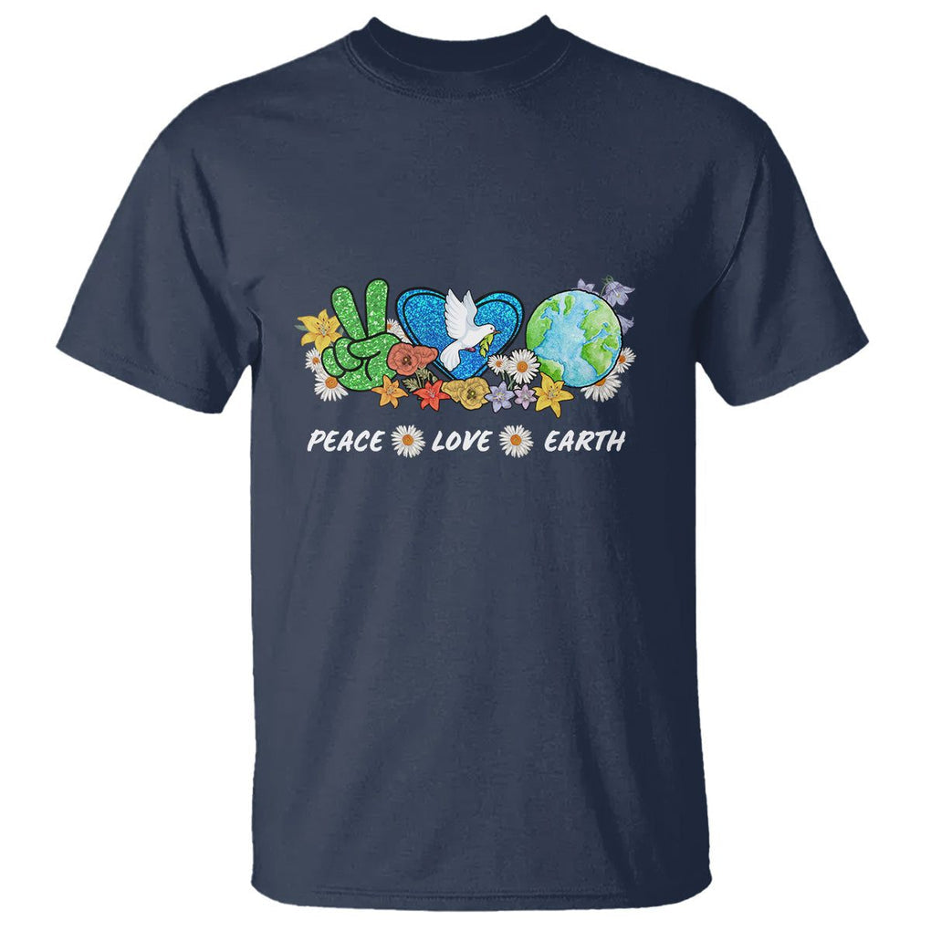 Peace Love Earth T Shirt Floral Green Planet Dove TS02 Navy Printyourwear