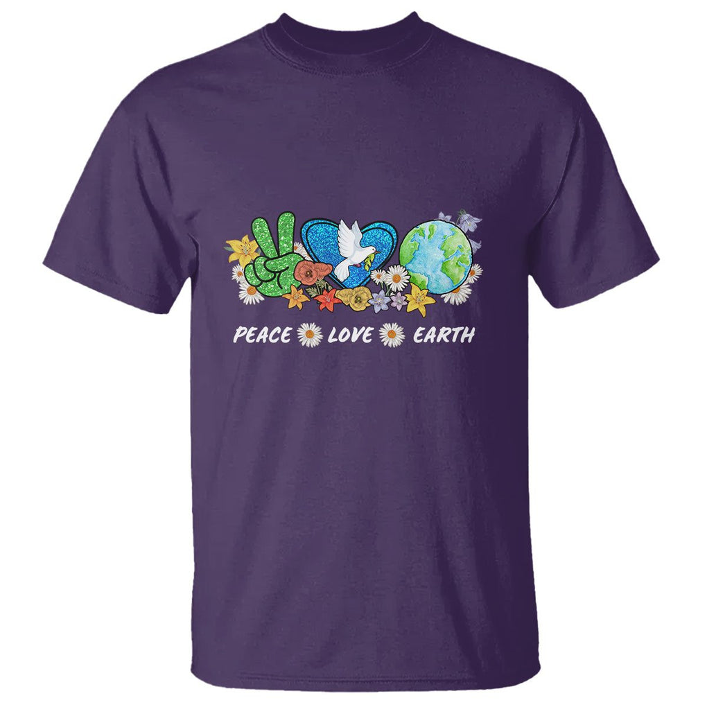 Peace Love Earth T Shirt Floral Green Planet Dove TS02 Purple Printyourwear