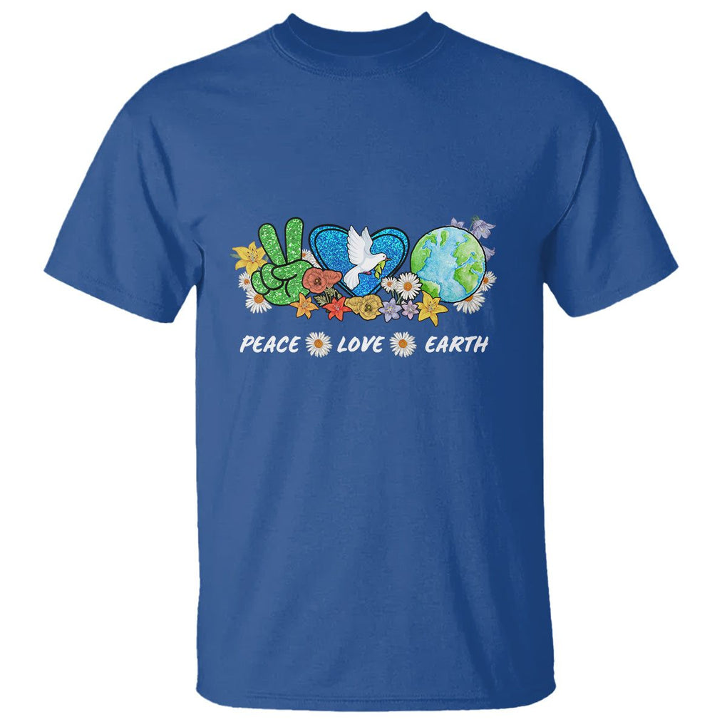 Peace Love Earth T Shirt Floral Green Planet Dove TS02 Royal Blue Printyourwear