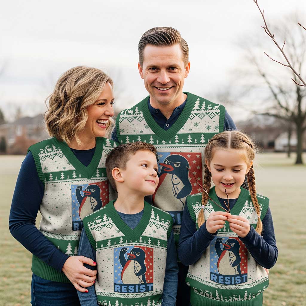 Funny Penguin Resist Graphic V-Neck Knit Sweater Vest Resist Protest Against Tariffs TS02 Beige Green Print Your Wear