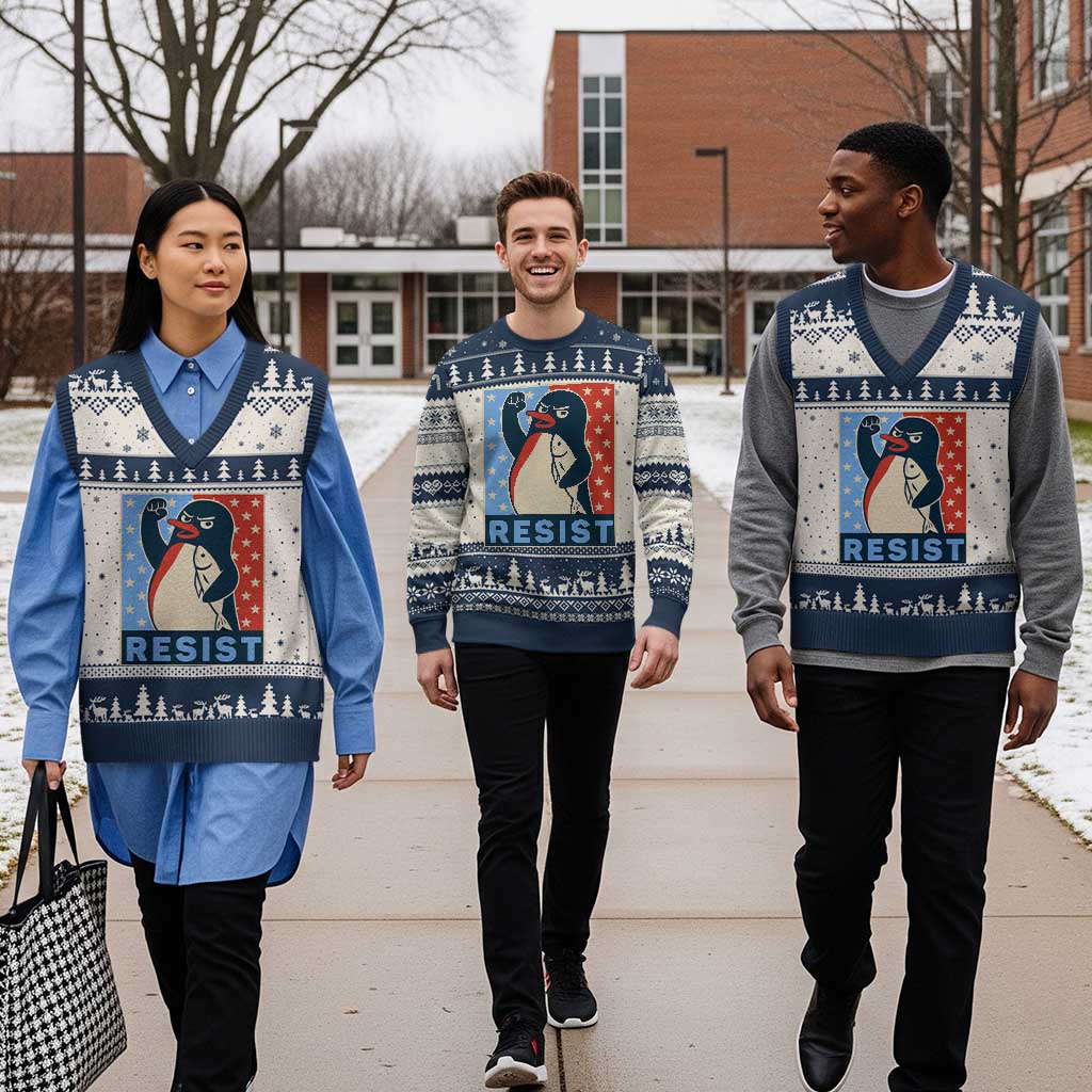 Funny Penguin Resist Graphic V-Neck Knit Sweater Vest Resist Protest Against Tariffs TS02 Beige Navy Print Your Wear