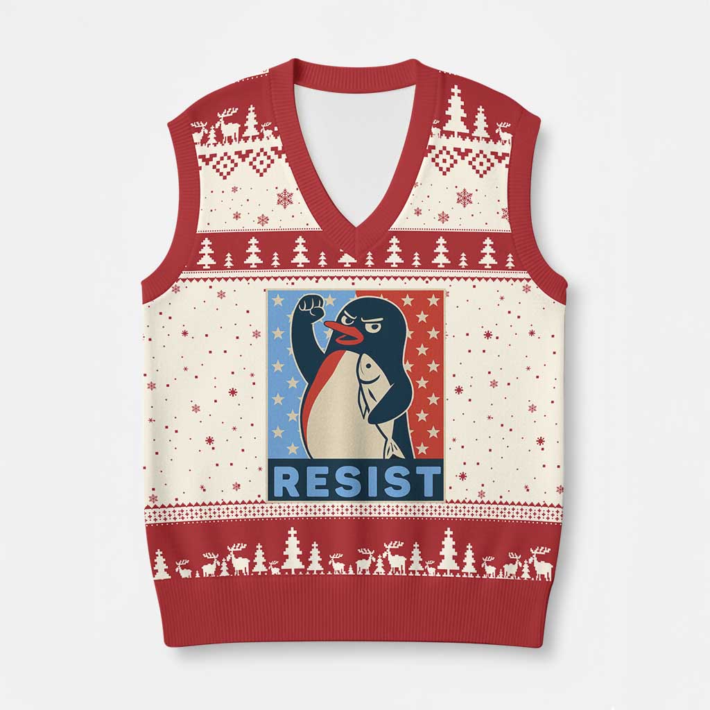 Funny Penguin Resist Graphic V-Neck Knit Sweater Vest Resist Protest Against Tariffs TS02 Beige Red Print Your Wear
