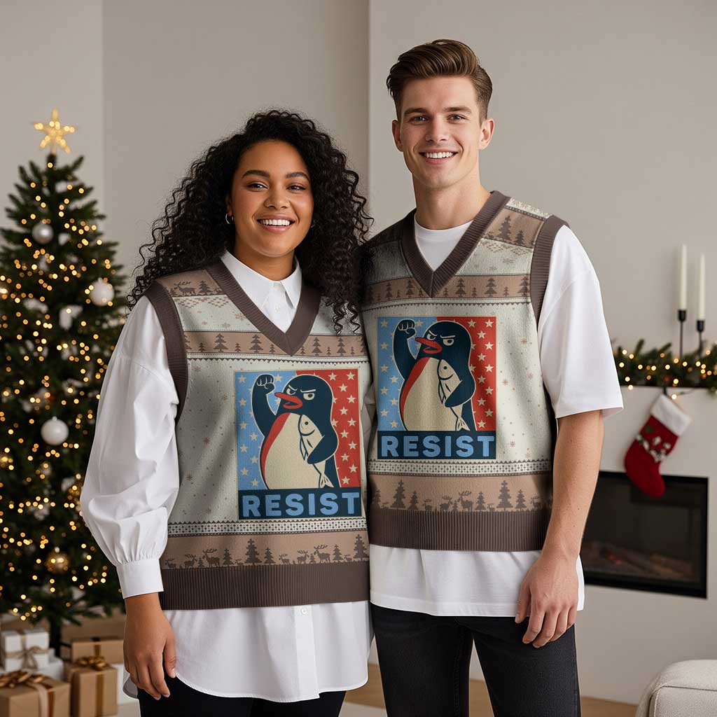 Funny Penguin Resist Graphic V-Neck Knit Sweater Vest Resist Protest Against Tariffs TS02 Mocha Mousse Print Your Wear