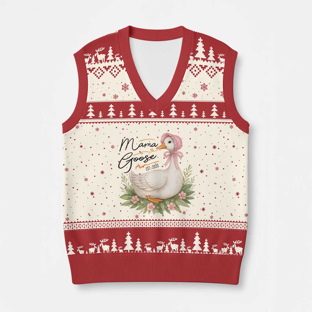 Mama Goose Est 2025 V-Neck Knit Sweater Vest Retro New Mom Mothers Day TS02 Beige Red Print Your Wear