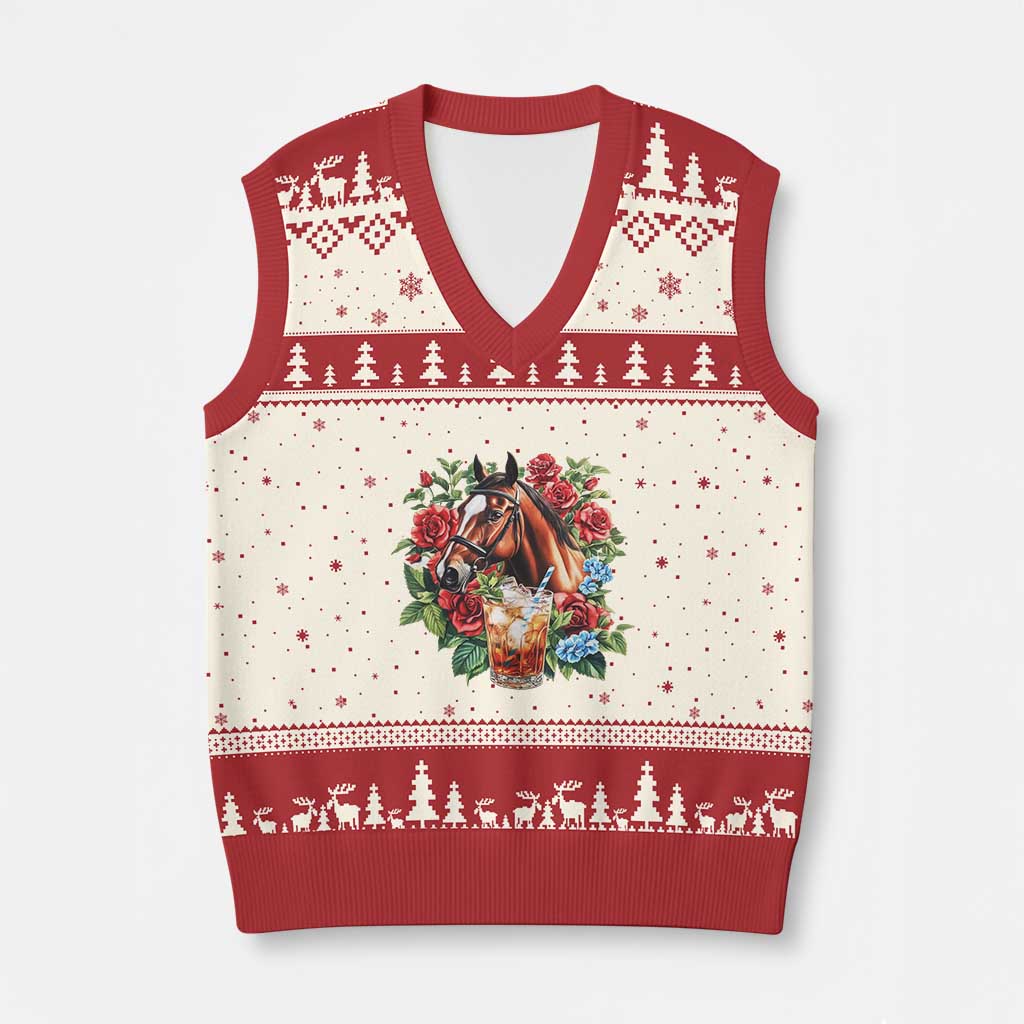 Ky Derby Day Party V-Neck Knit Sweater Vest Mint Juleps and Roses Horse Racing TS02 Beige Red Print Your Wear