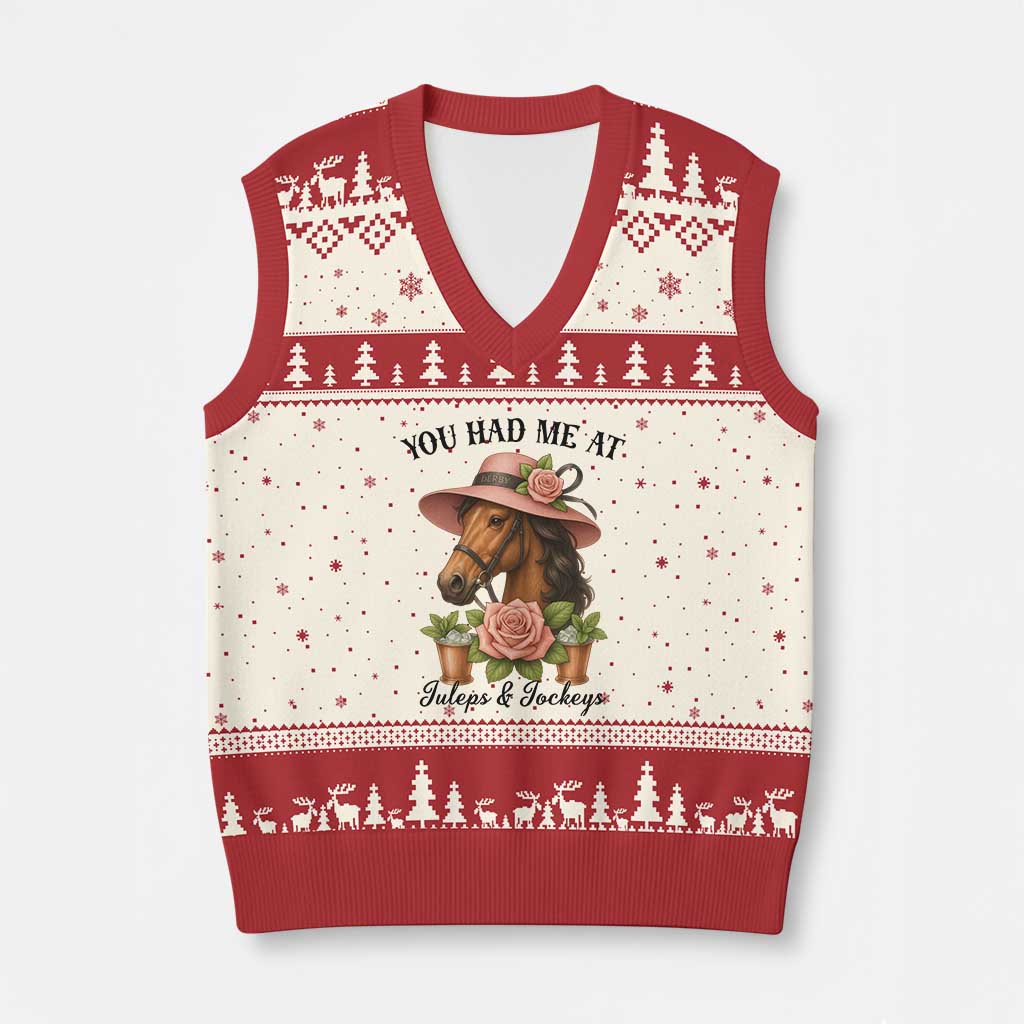 Funny Ky Derby Horse Racing V-Neck Knit Sweater Vest You Had Me At Juleps and Jockeys TS02 Beige Red Print Your Wear