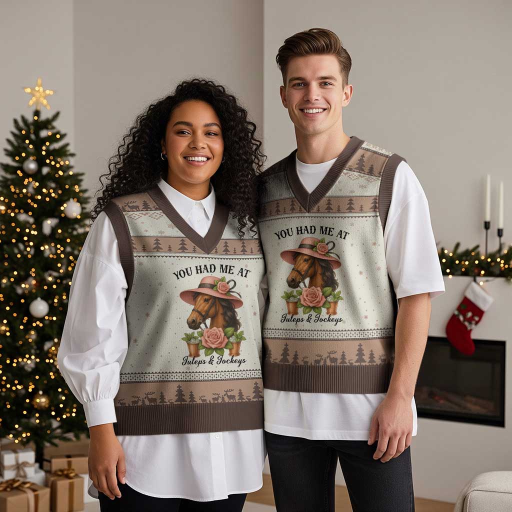 Funny Ky Derby Horse Racing V-Neck Knit Sweater Vest You Had Me At Juleps and Jockeys TS02 Mocha Mousse Print Your Wear
