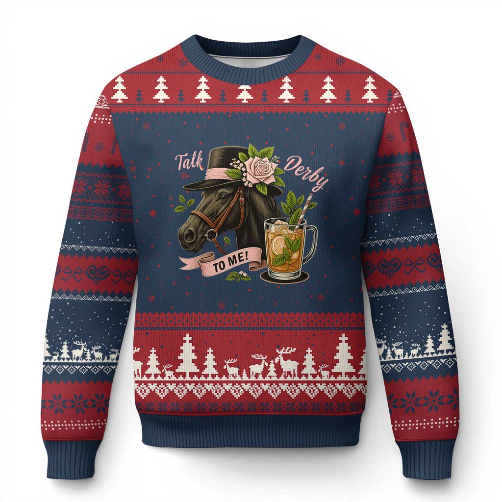 Talk Derby To Me Ugly Christmas Sweater Ky Horse Racing Mint Julep and Roses TS02 Navy Red Print Your Wear