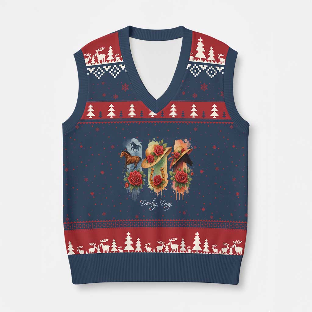 Ky Derby Day V-Neck Knit Sweater Vest Horse Racing Nice Hat Mint Julep and Roses TS02 Navy Red Print Your Wear