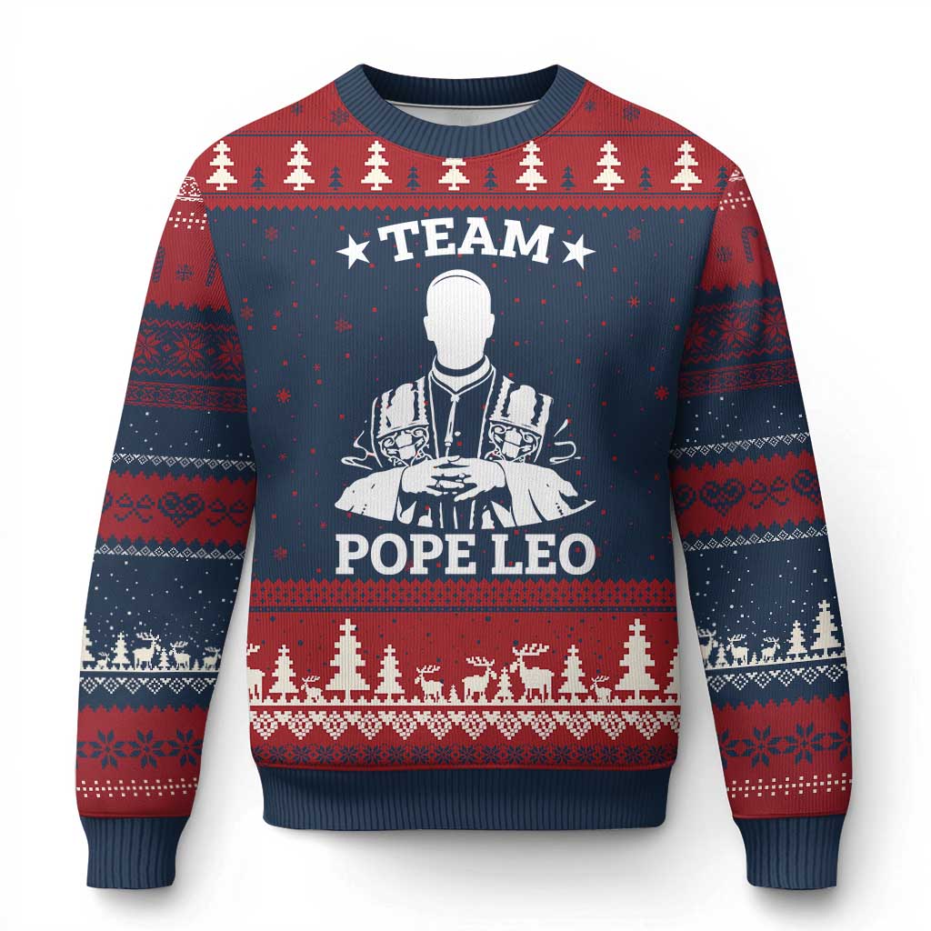 Team Pope Leo XIV Ugly Christmas Sweater Vintage Catholic Faith Historical Religious Support TS02 Navy Red Print Your Wear