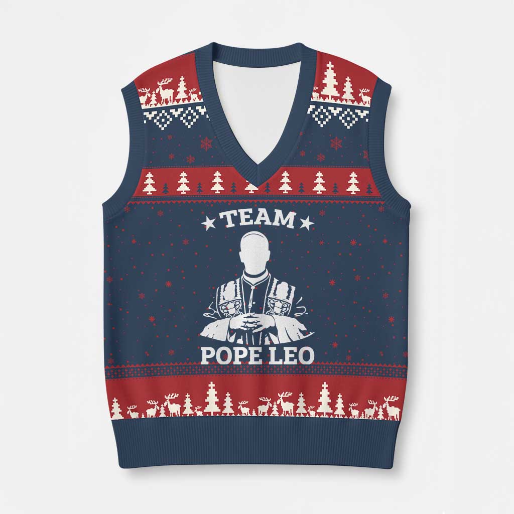 Team Pope Leo XIV V-Neck Knit Sweater Vest Vintage Catholic Faith Historical Religious Support TS02 Navy Red Print Your Wear