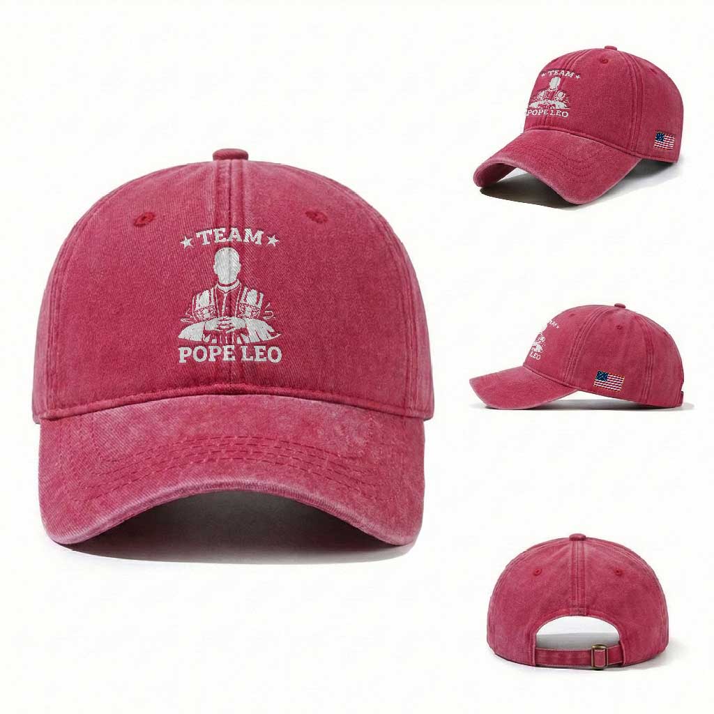 Team Pope Leo XIV Washed Cotton Baseball Cap Vintage Catholic Faith Historical Religious Support TS02 Washed Cap Universal Fit Red Print Your Wear