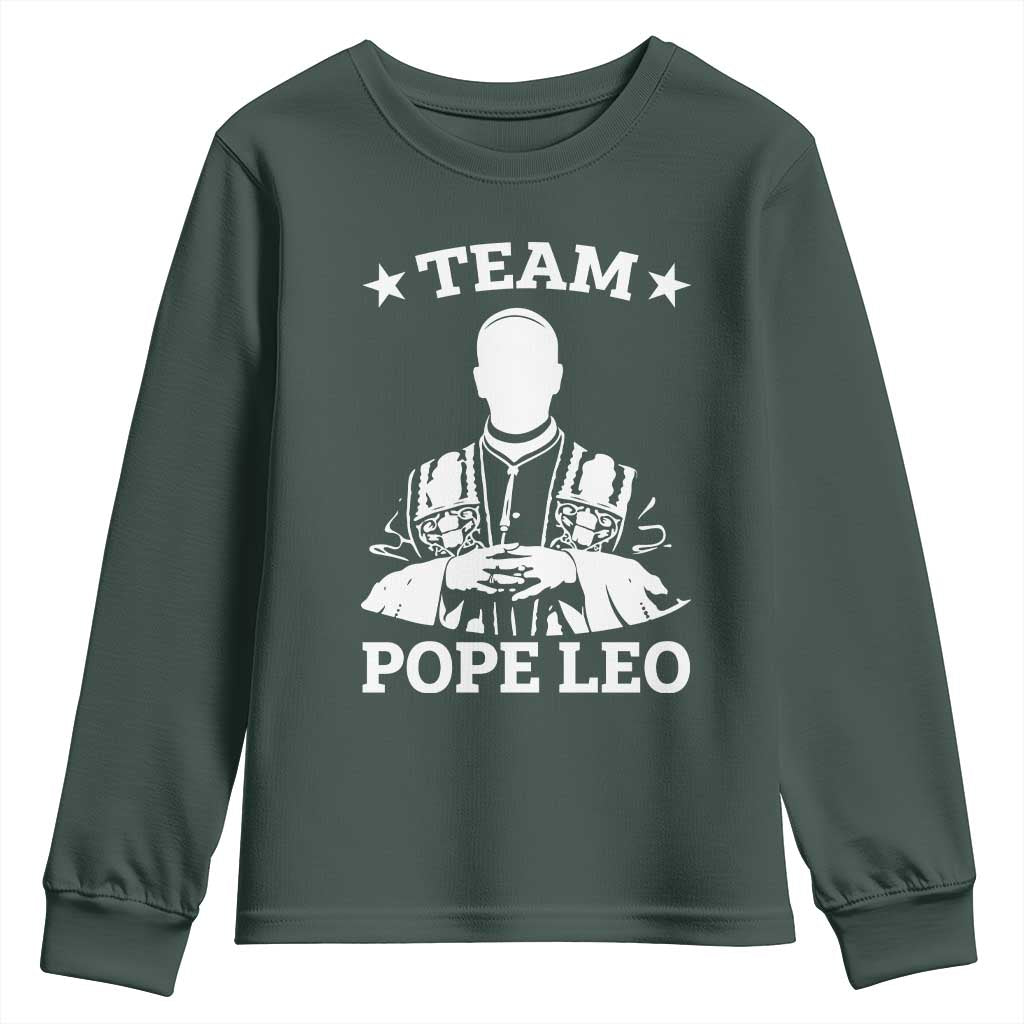 Team Pope Leo XIV Youth Sweatshirt Vintage Catholic Faith Historical Religious Support TS02 Dark Forest Green Print Your Wear
