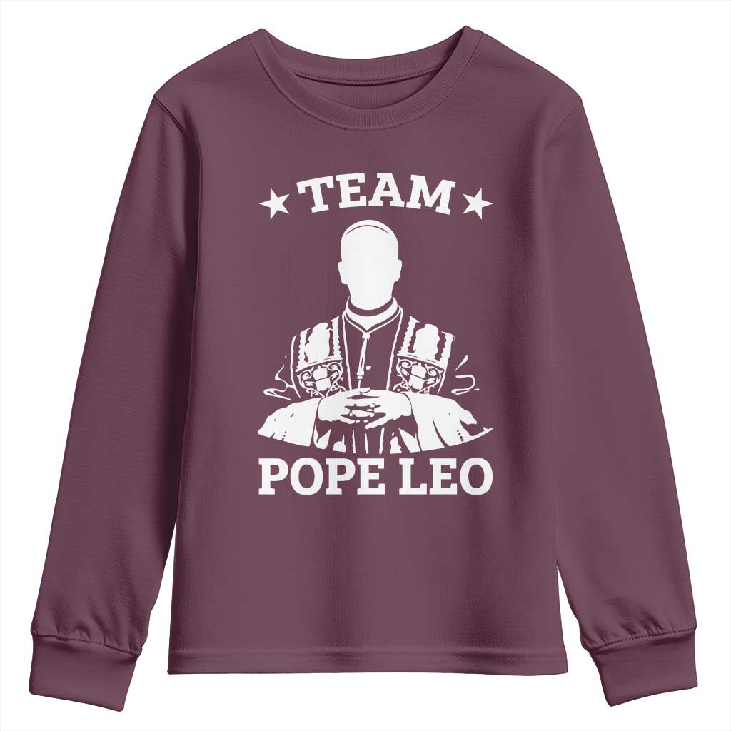 Team Pope Leo XIV Youth Sweatshirt Vintage Catholic Faith Historical Religious Support TS02 Maroon Print Your Wear