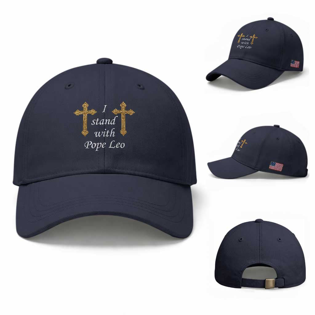 I Stand With Pope Leo Faith Graphic Baseball Cap Catholic Ornate Gold Cross TS02 Baseball Cap Universal Fit Navy Print Your Wear