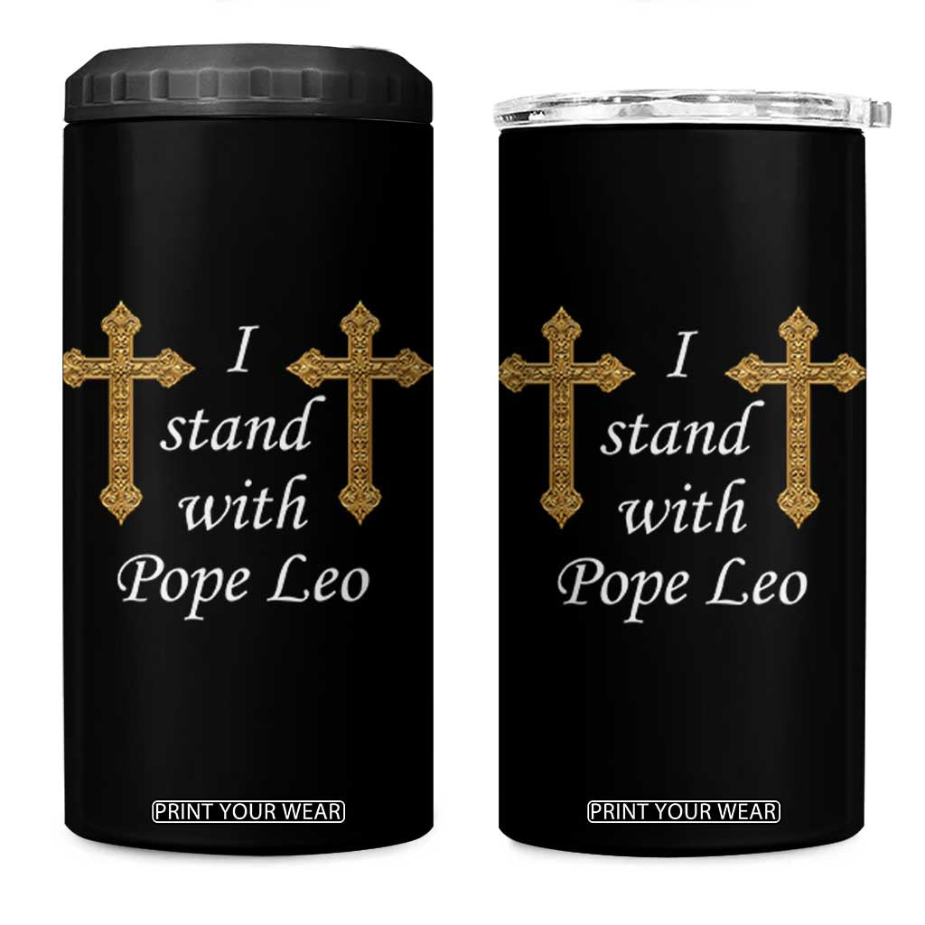 I Stand With Pope Leo Faith Graphic 4 in 1 Can Cooler Tumbler Catholic Ornate Gold Cross TS02 One Size: 16 oz Black Print Your Wear