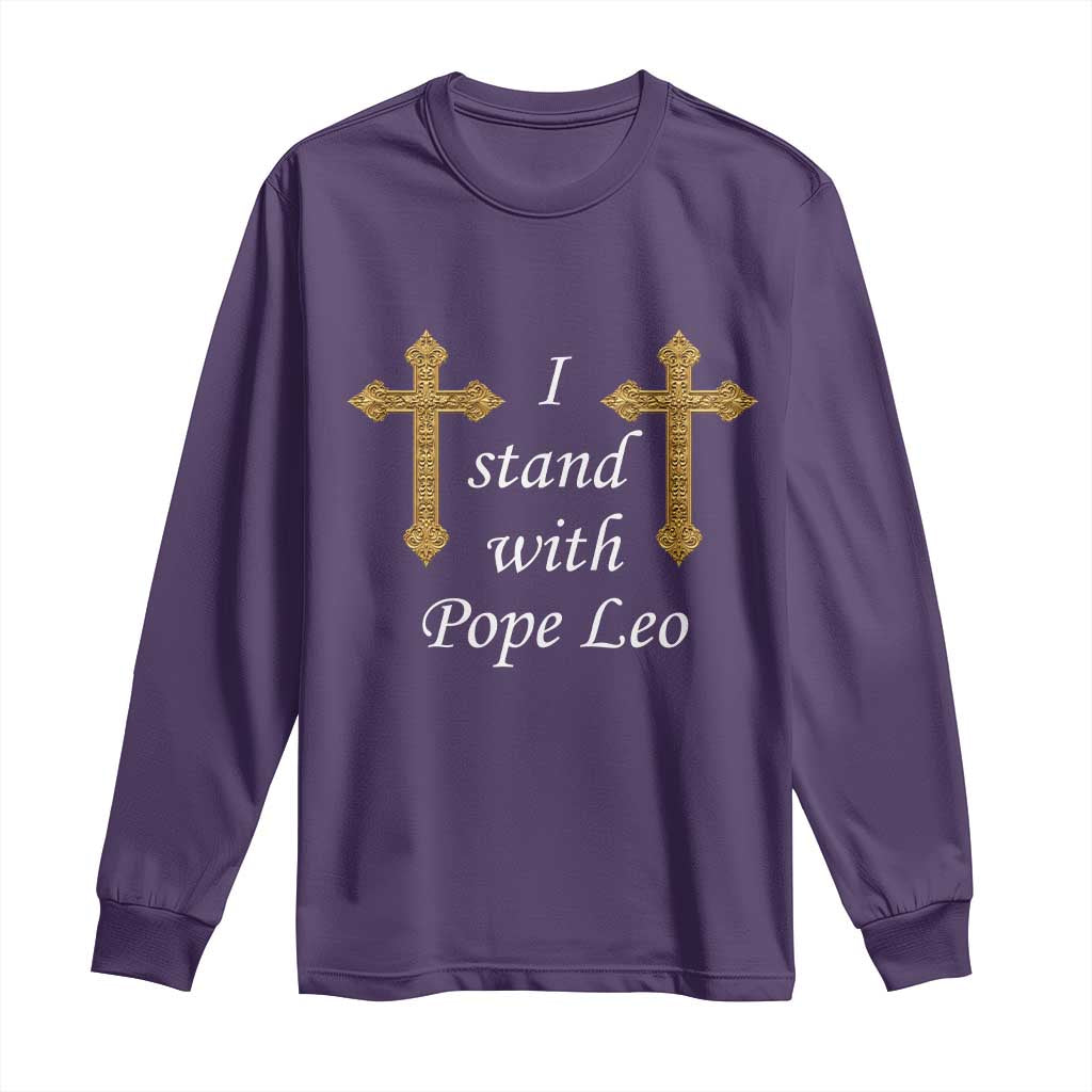 I Stand With Pope Leo Faith Graphic Long Sleeve Shirt Catholic Ornate Gold Cross TS02 Purple Print Your Wear