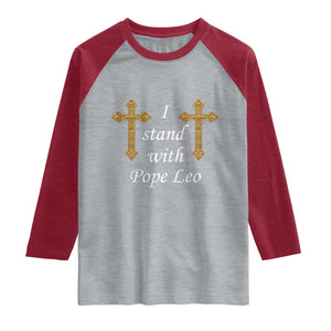 I Stand With Pope Leo Faith Graphic Raglan Shirt Catholic Ornate Gold Cross TS02 Heather Gray Heather Red Print Your Wear