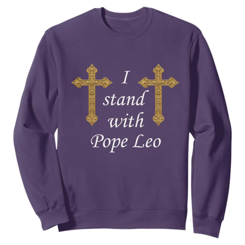 I Stand With Pope Leo Faith Graphic Sweatshirt Catholic Ornate Gold Cross TS02 Purple Print Your Wear