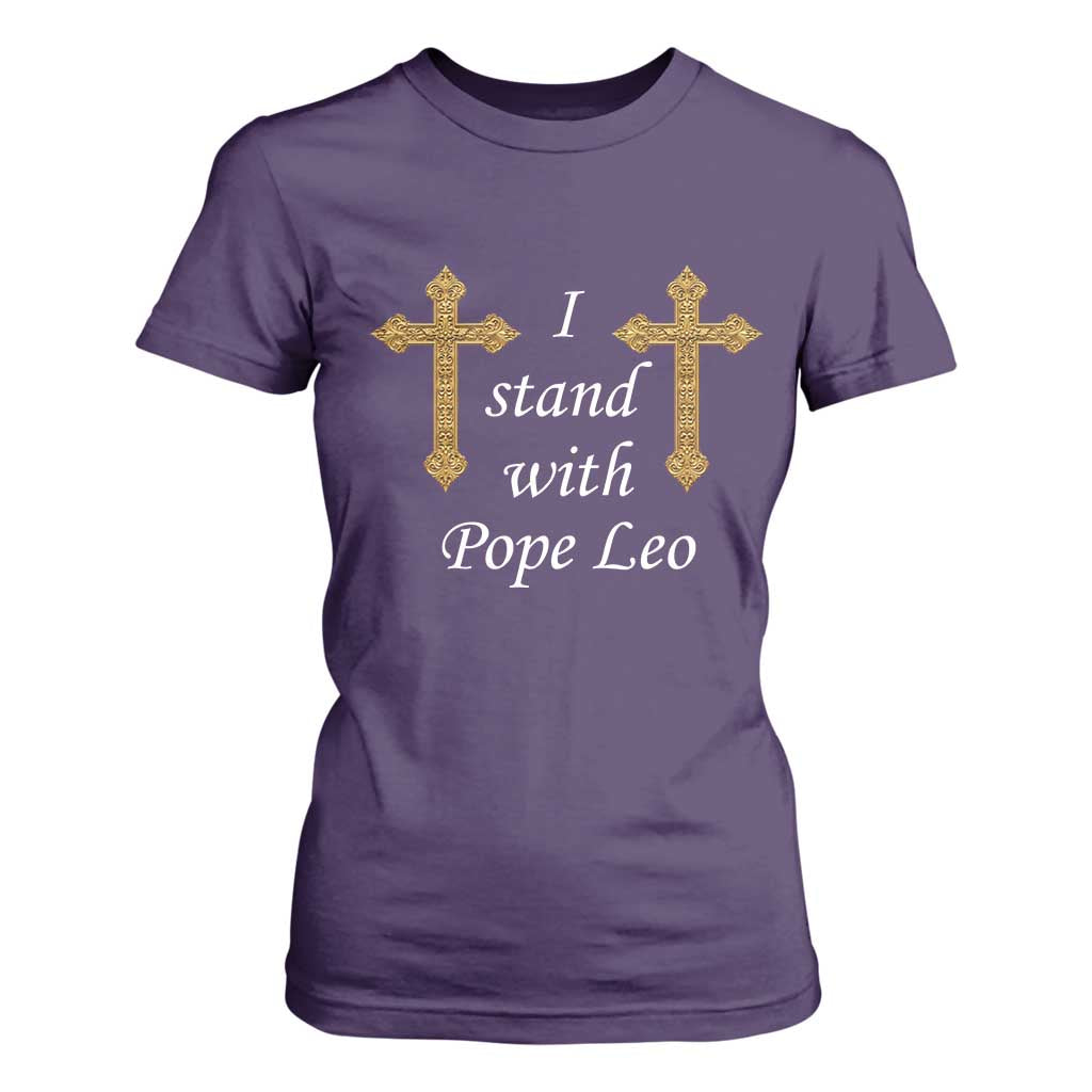 I Stand With Pope Leo Faith Graphic T Shirt For Women Catholic Ornate Gold Cross TS02 Purple Print Your Wear