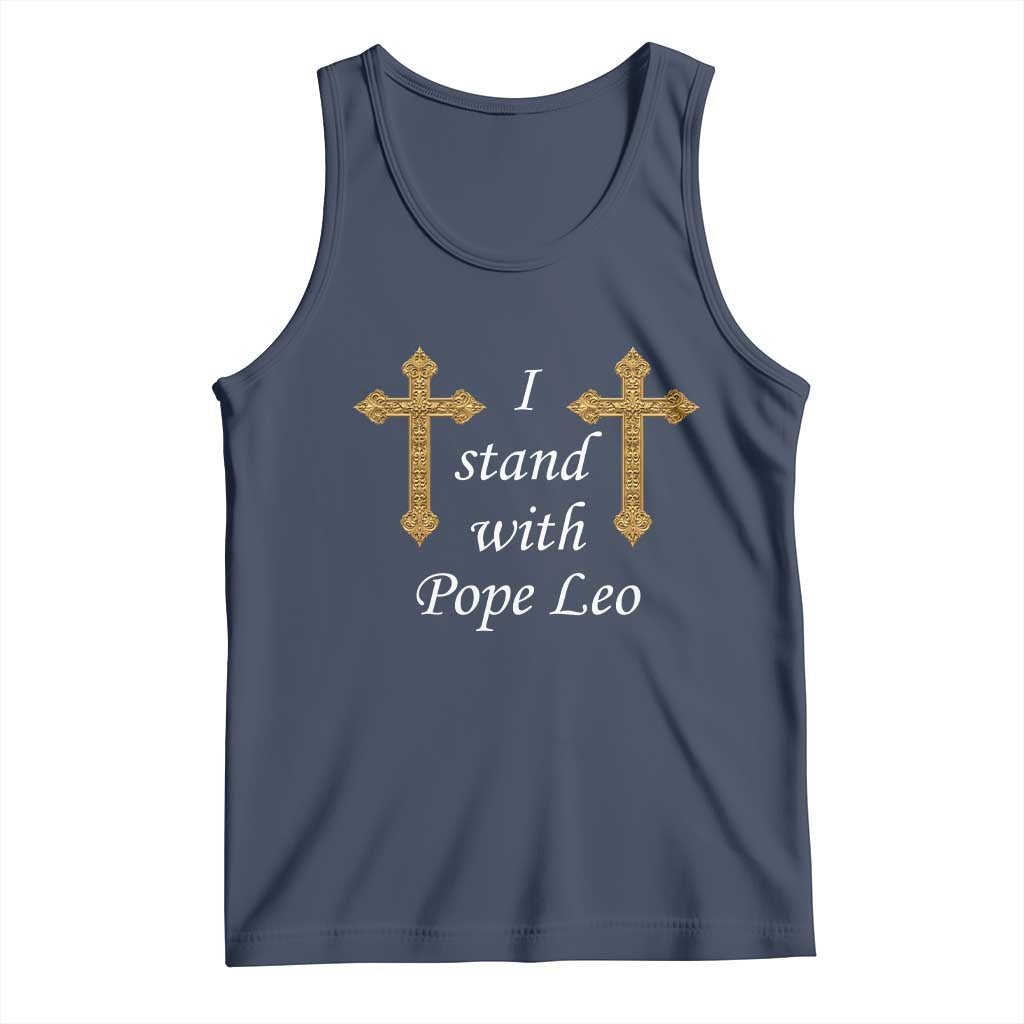 I Stand With Pope Leo Faith Graphic Tank Top Catholic Ornate Gold Cross TS02 Navy Print Your Wear