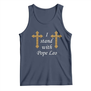 I Stand With Pope Leo Faith Graphic Tank Top Catholic Ornate Gold Cross TS02 Navy Print Your Wear