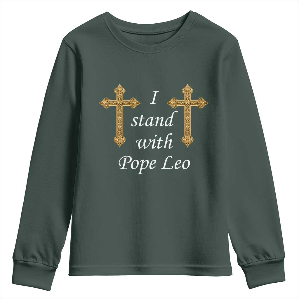 I Stand With Pope Leo Faith Graphic Youth Sweatshirt Catholic Ornate Gold Cross TS02 Dark Forest Green Print Your Wear