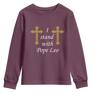 I Stand With Pope Leo Faith Graphic Youth Sweatshirt Catholic Ornate Gold Cross TS02 Maroon Print Your Wear