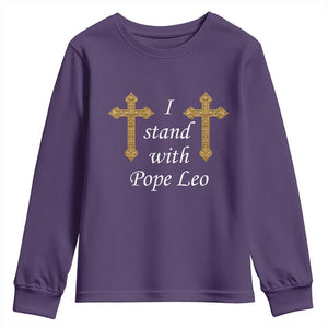 I Stand With Pope Leo Faith Graphic Youth Sweatshirt Catholic Ornate Gold Cross TS02 Purple Print Your Wear