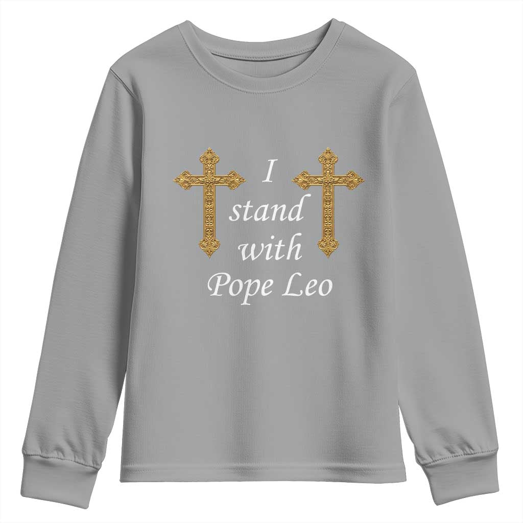 I Stand With Pope Leo Faith Graphic Youth Sweatshirt Catholic Ornate Gold Cross TS02 Sport Gray Print Your Wear