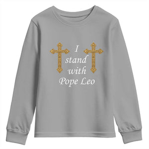 I Stand With Pope Leo Faith Graphic Youth Sweatshirt Catholic Ornate Gold Cross TS02 Sport Gray Print Your Wear