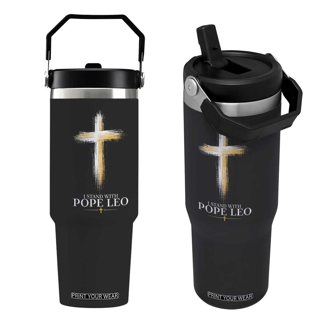 I Stand With Pope Leo Brushstroke Cross Flip Straw Tumbler Religious Christian Witness TS02 One Size: 30 oz Black Print Your Wear