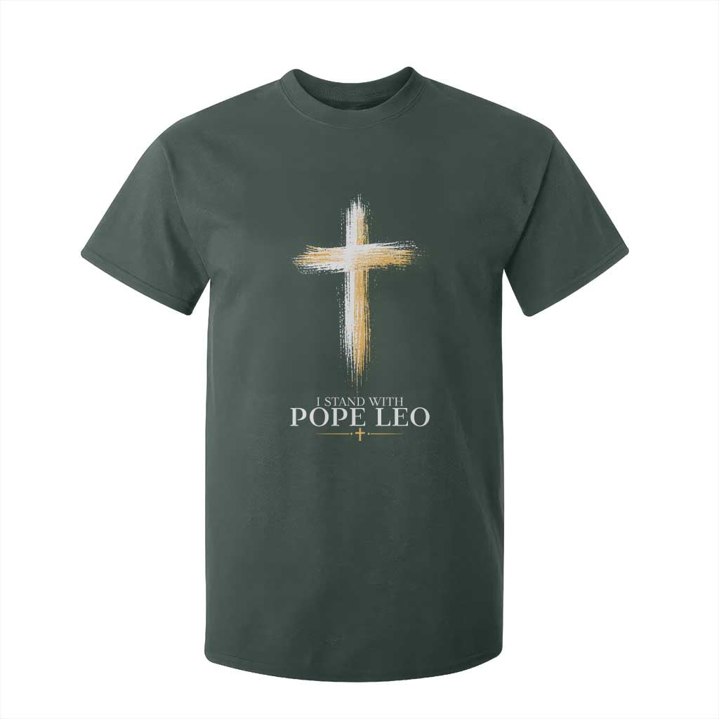 I Stand With Pope Leo Brushstroke Cross T Shirt For Kid Religious Christian Witness TS02 Dark Forest Green Print Your Wear