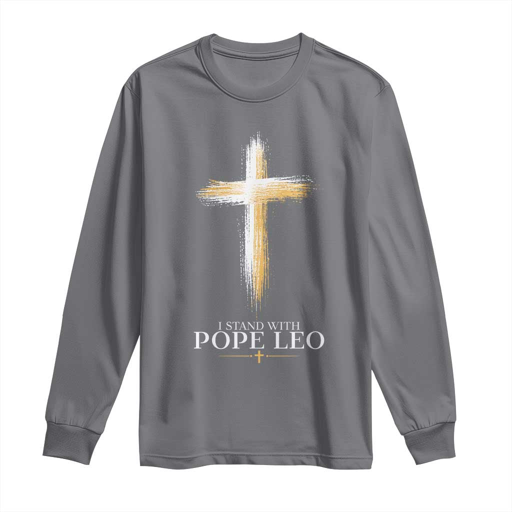 I Stand With Pope Leo Brushstroke Cross Long Sleeve Shirt Religious Christian Witness TS02 Charcoal Print Your Wear