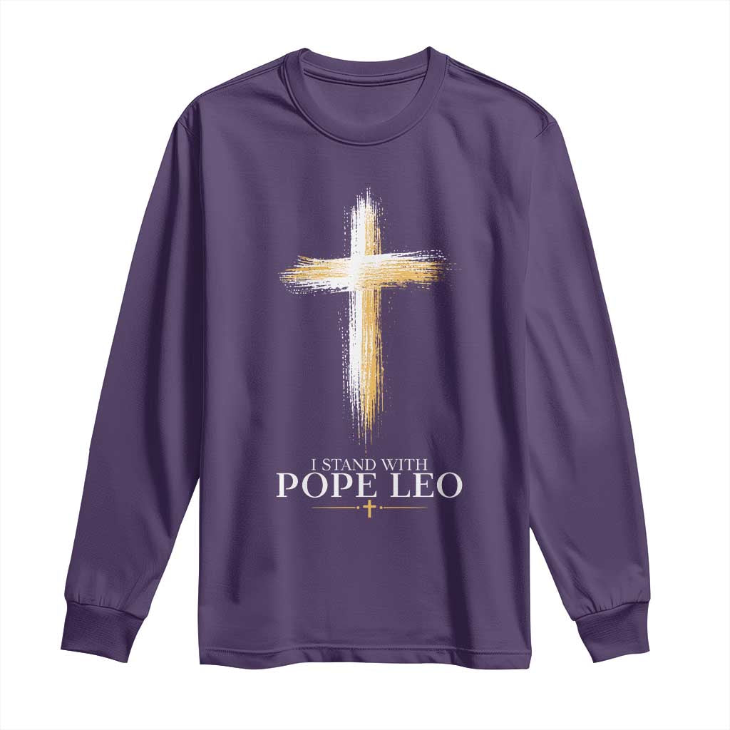 I Stand With Pope Leo Brushstroke Cross Long Sleeve Shirt Religious Christian Witness TS02 Purple Print Your Wear