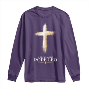 I Stand With Pope Leo Brushstroke Cross Long Sleeve Shirt Religious Christian Witness TS02 Purple Print Your Wear