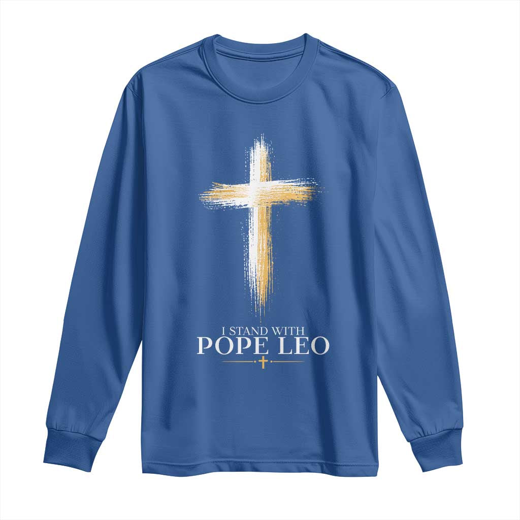 I Stand With Pope Leo Brushstroke Cross Long Sleeve Shirt Religious Christian Witness TS02 Royal Blue Print Your Wear