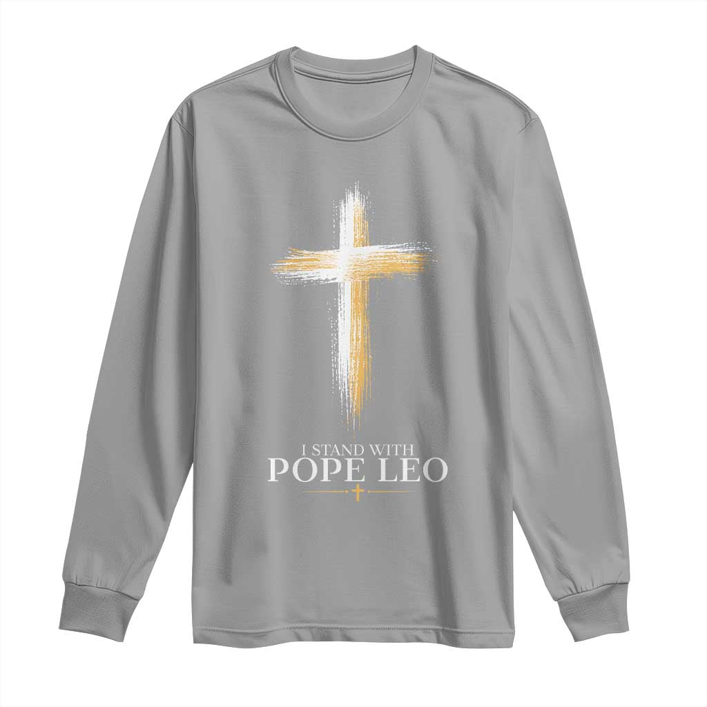 I Stand With Pope Leo Brushstroke Cross Long Sleeve Shirt Religious Christian Witness TS02 Sport Gray Print Your Wear