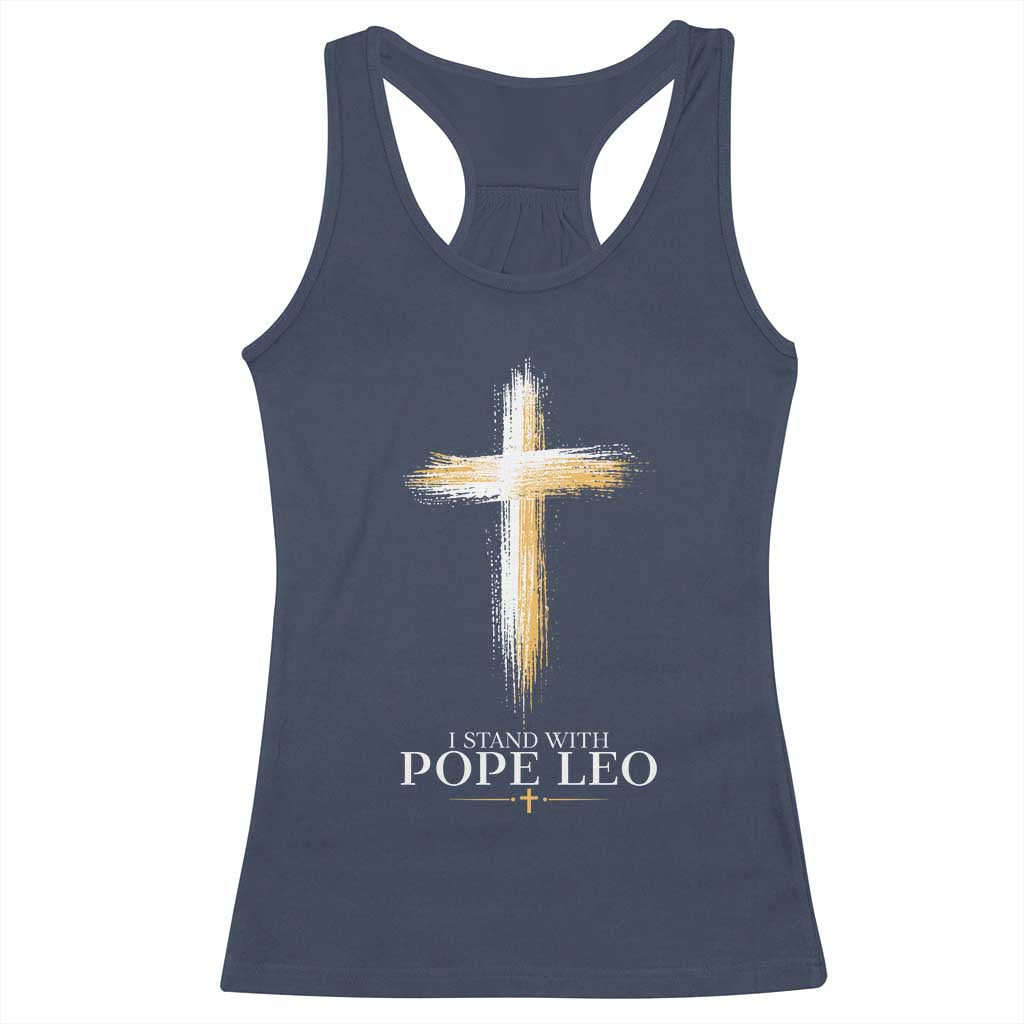 I Stand With Pope Leo Brushstroke Cross Racerback Tank Top Religious Christian Witness TS02 Navy Print Your Wear