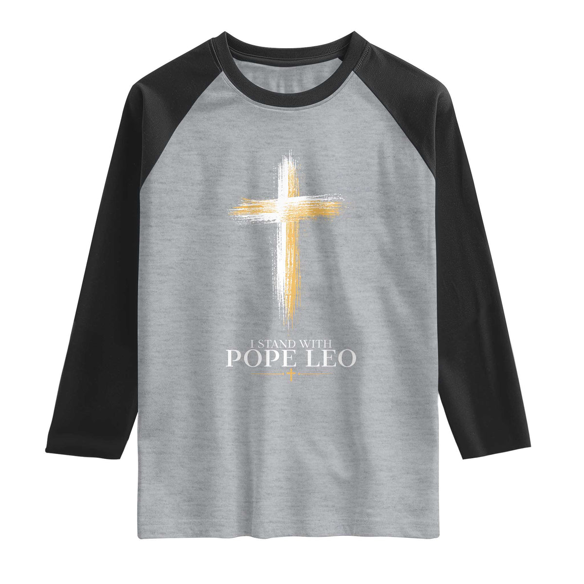 I Stand With Pope Leo Brushstroke Cross Raglan Shirt Religious Christian Witness TS02 Heather Gray Black Print Your Wear